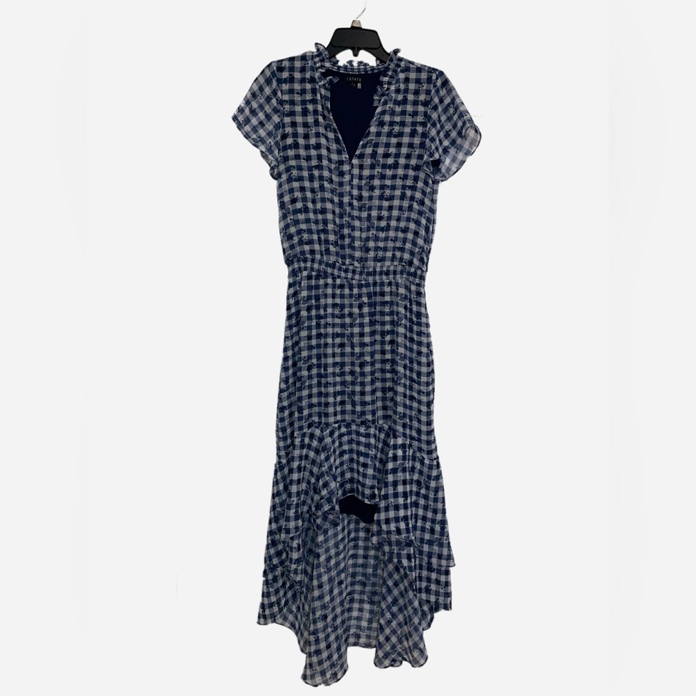 1. State High Low Short Sleeve Dress Size Small Blue and White Cinched Waist